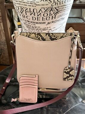 kate spade ♠️ Pink Blush Leather Margaux Crossbody Bag with Snake-Print, Bundle